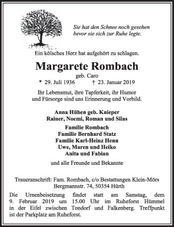 Anzeige von Margarete Rombach von  Sonntags-Post 