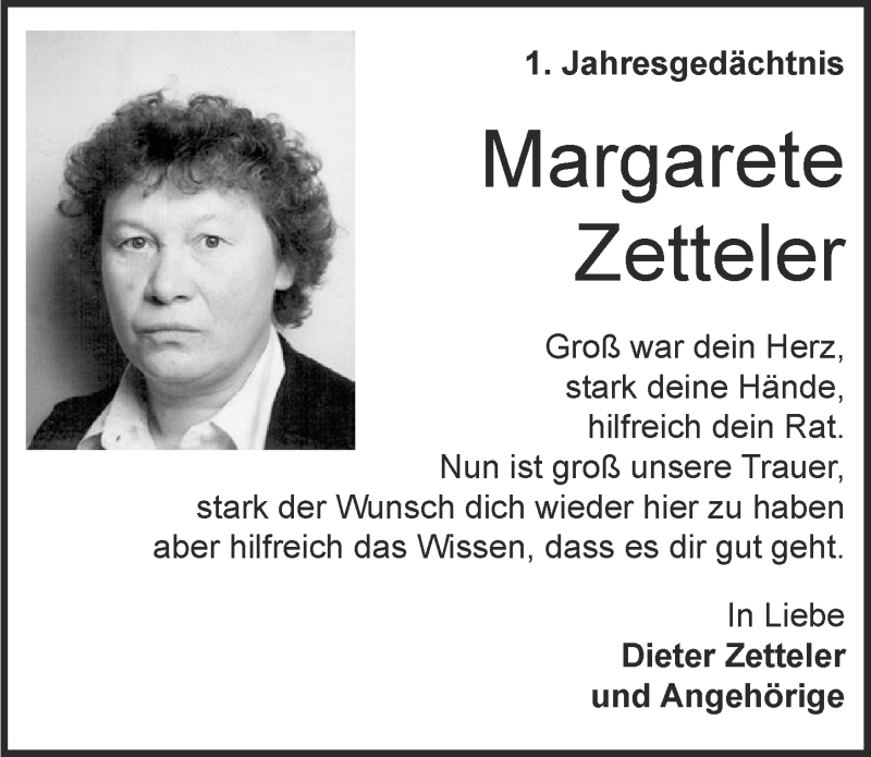  Traueranzeige für Margarete Zetteler vom 09.02.2019 aus  Blickpunkt Euskirchen 