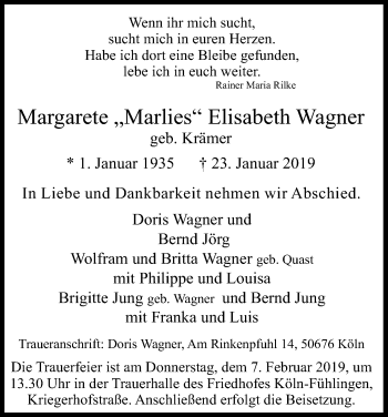 Anzeige von Margarete Elisabeth Wagner von Kölner Stadt-Anzeiger / Kölnische Rundschau / Express