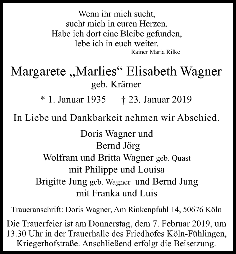  Traueranzeige für Margarete Elisabeth Wagner vom 02.02.2019 aus Kölner Stadt-Anzeiger / Kölnische Rundschau / Express