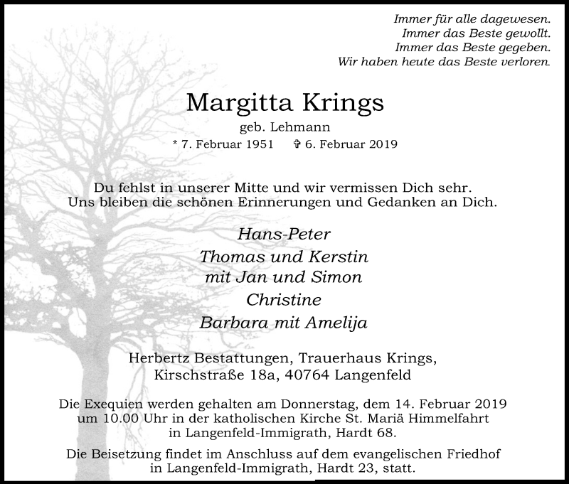  Traueranzeige für Margitta Krings vom 09.02.2019 aus Kölner Stadt-Anzeiger / Kölnische Rundschau / Express