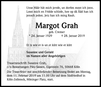 Anzeige von Margot Grah von Kölner Stadt-Anzeiger / Kölnische Rundschau / Express