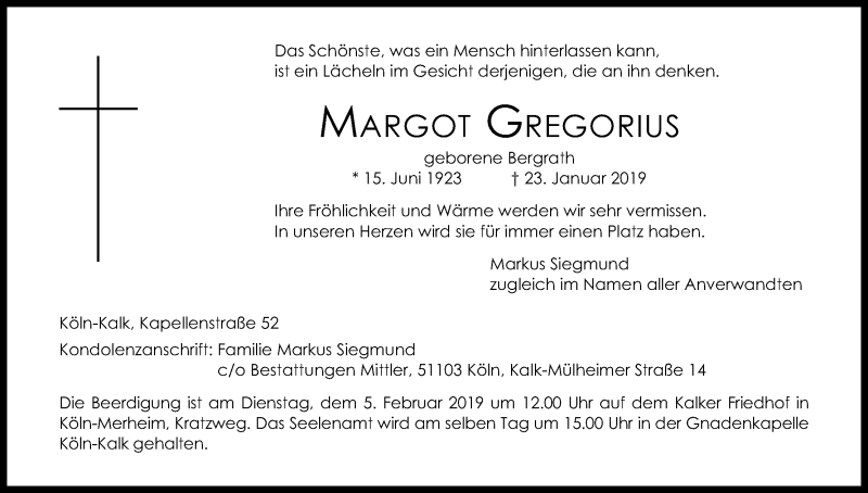  Traueranzeige für Margot Gregorius vom 02.02.2019 aus Kölner Stadt-Anzeiger / Kölnische Rundschau / Express
