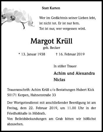 Anzeige von Margot Krüll von Kölner Stadt-Anzeiger / Kölnische Rundschau / Express