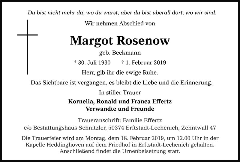  Traueranzeige für Margot Rosenow vom 09.02.2019 aus Kölner Stadt-Anzeiger / Kölnische Rundschau / Express