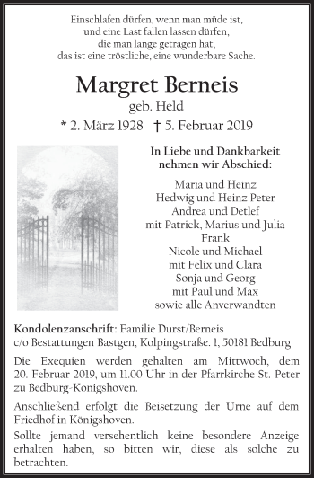 Anzeige von Margret Berneis von  Werbepost 