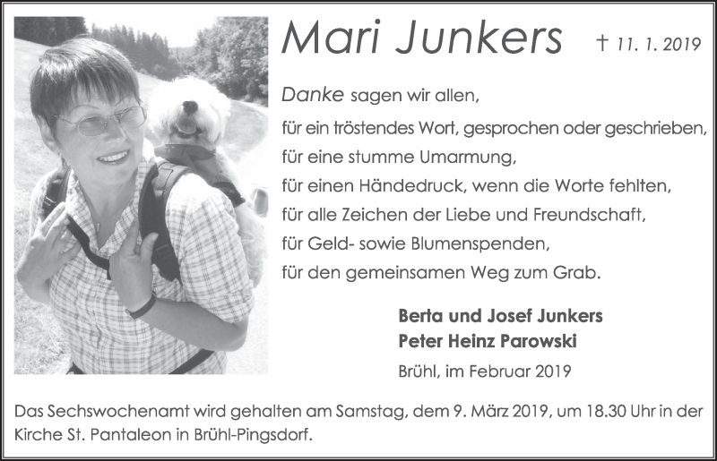  Traueranzeige für Mari Junkers vom 27.02.2019 aus  Schlossbote/Werbekurier 