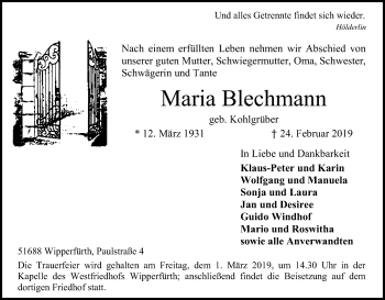 Anzeige von Maria Blechmann von Kölner Stadt-Anzeiger / Kölnische Rundschau / Express