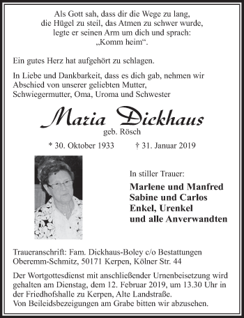 Anzeige von Maria Dickhaus von  Sonntags-Post 