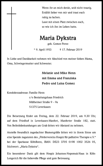 Anzeige von Maria Dykstra von Kölner Stadt-Anzeiger / Kölnische Rundschau / Express