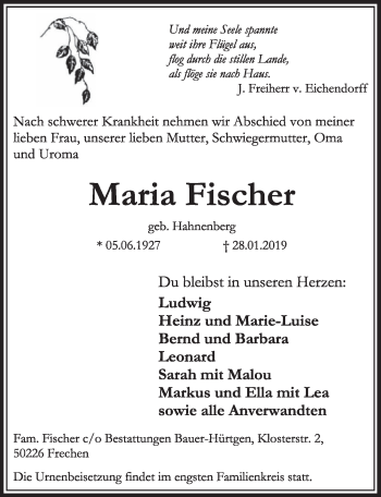 Anzeige von Maria Fischer von  Sonntags-Post 