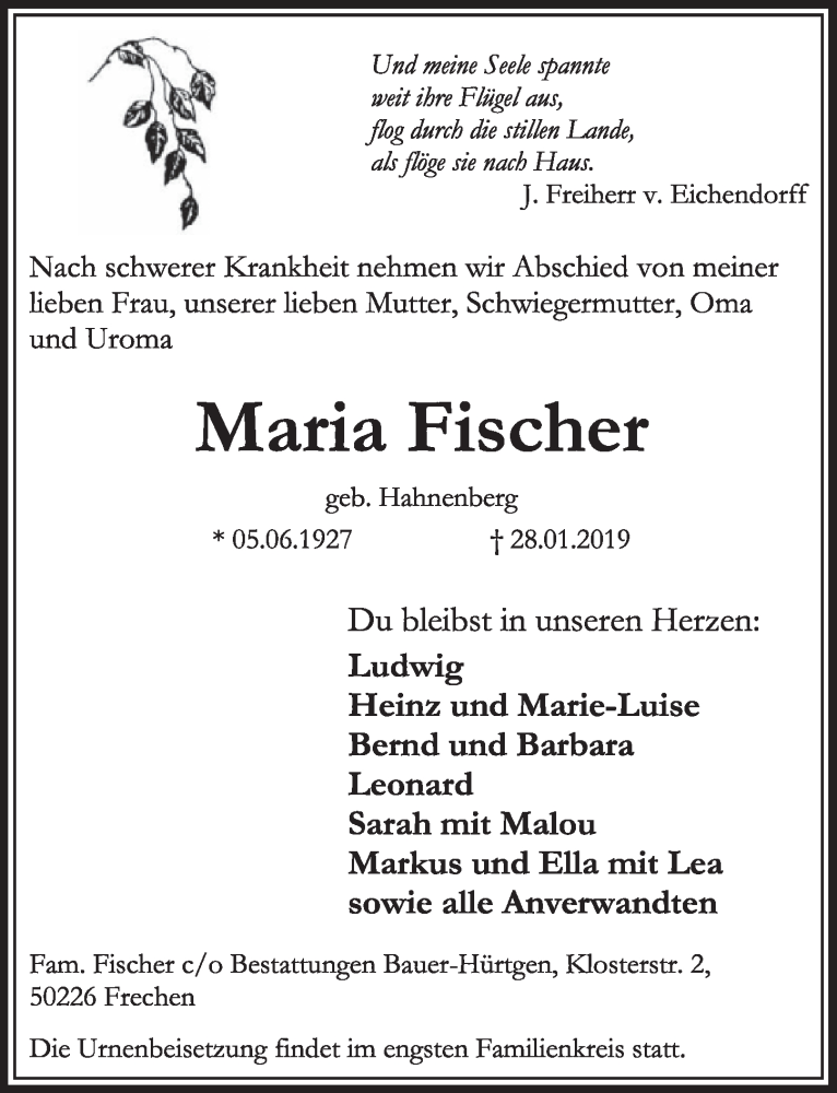  Traueranzeige für Maria Fischer vom 09.02.2019 aus  Sonntags-Post 