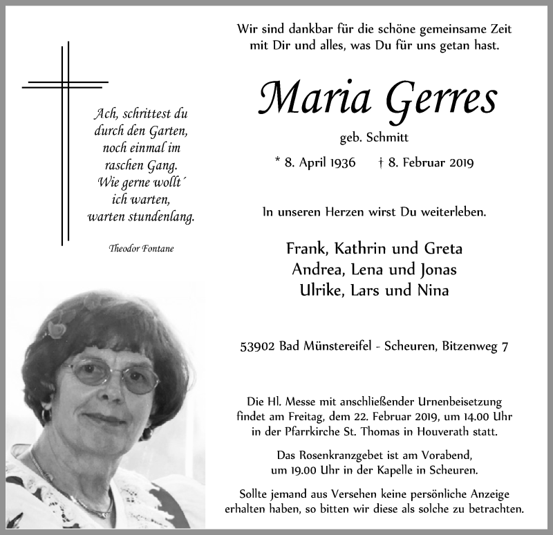  Traueranzeige für Maria Genres vom 16.02.2019 aus  Blickpunkt Euskirchen 