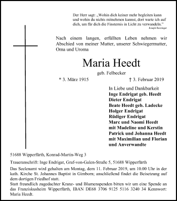 Anzeige von Maria Heedt von Kölner Stadt-Anzeiger / Kölnische Rundschau / Express