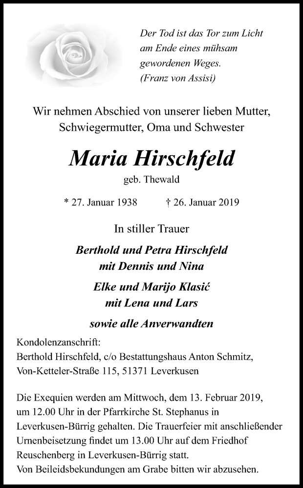  Traueranzeige für Maria Hirschfeld vom 12.02.2019 aus Kölner Stadt-Anzeiger / Kölnische Rundschau / Express