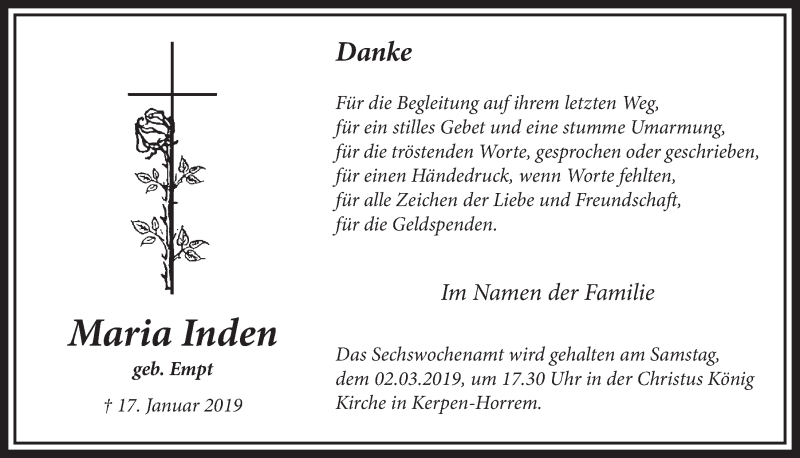 Traueranzeige für Maria Inden vom 23.02.2019 aus  Sonntags-Post 
