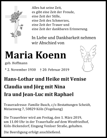 Anzeige von Maria Koenn von Kölner Stadt-Anzeiger / Kölnische Rundschau / Express
