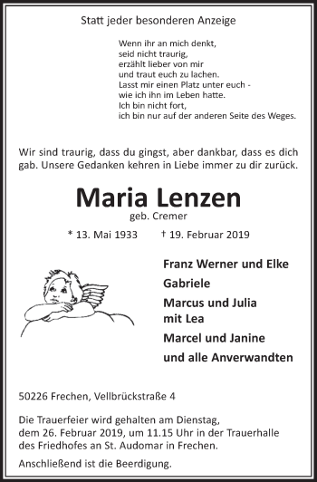 Anzeige von Maria Lenzen von  Sonntags-Post 