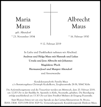 Anzeige von Maria Maus von Kölner Stadt-Anzeiger / Kölnische Rundschau / Express