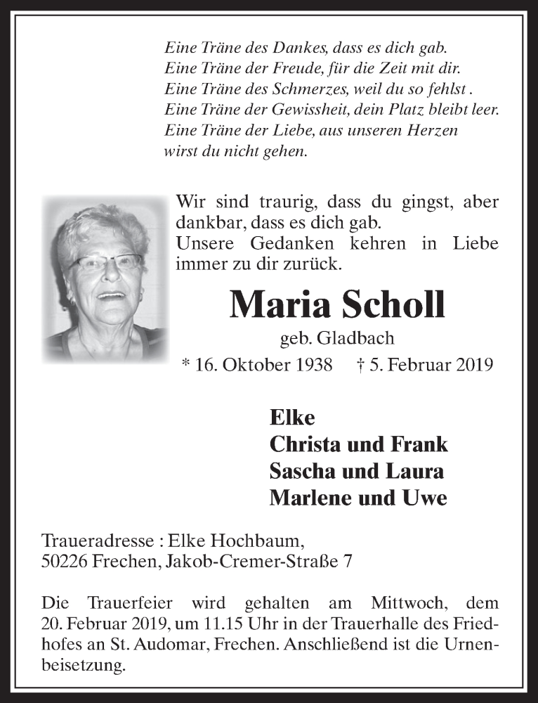  Traueranzeige für Maria Scholl vom 13.02.2019 aus  Wochenende 