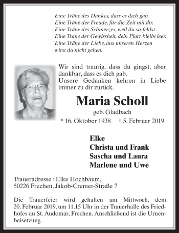 Anzeige von Maria Scholl von  Wochenende 