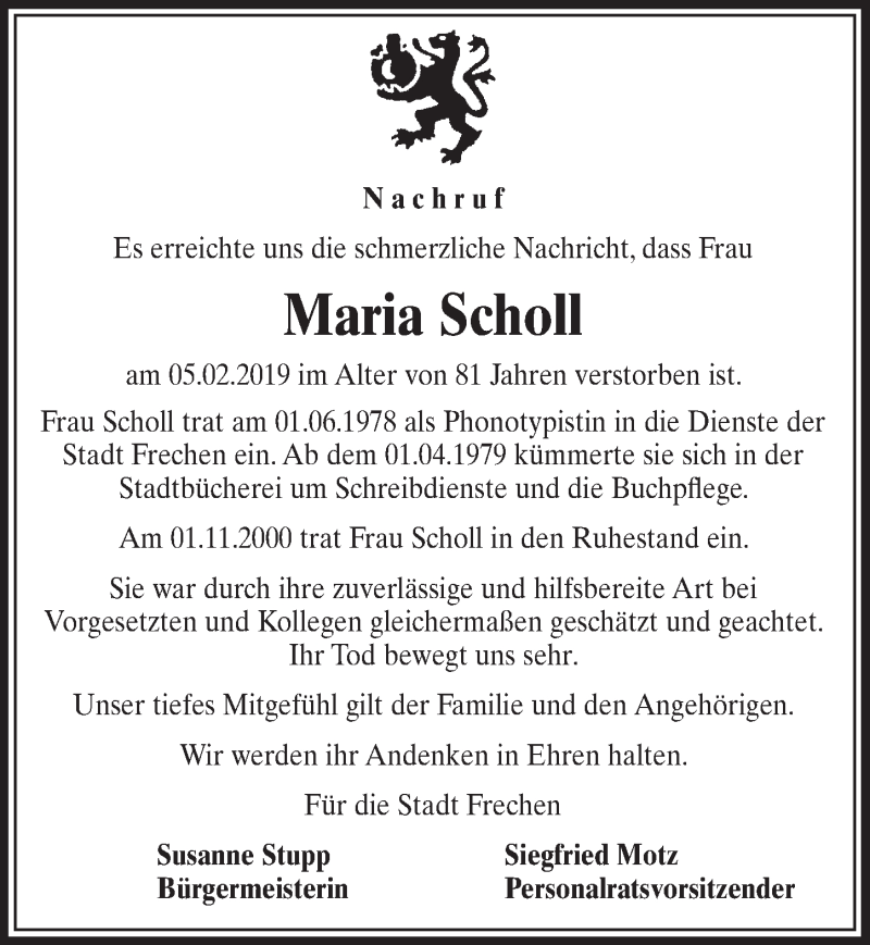  Traueranzeige für Maria Scholl vom 16.02.2019 aus  Sonntags-Post 