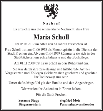 Anzeige von Maria Scholl von  Sonntags-Post 