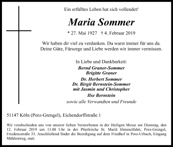 Anzeige von Maria Sommer von Kölner Stadt-Anzeiger / Kölnische Rundschau / Express