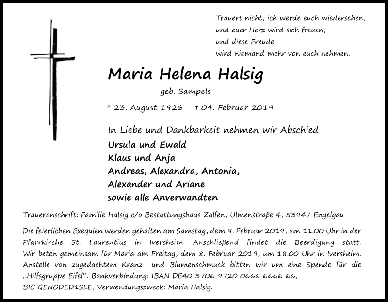  Traueranzeige für Maria Helena Halsig vom 06.02.2019 aus Kölner Stadt-Anzeiger / Kölnische Rundschau / Express