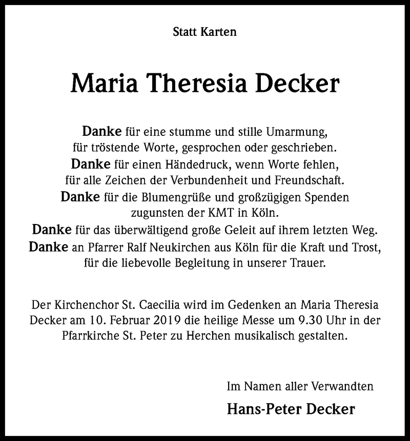  Traueranzeige für Maria Theresia Decker vom 09.02.2019 aus Kölner Stadt-Anzeiger / Kölnische Rundschau / Express