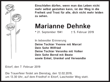 Anzeige von Marianne Dehnke von Kölner Stadt-Anzeiger / Kölnische Rundschau / Express