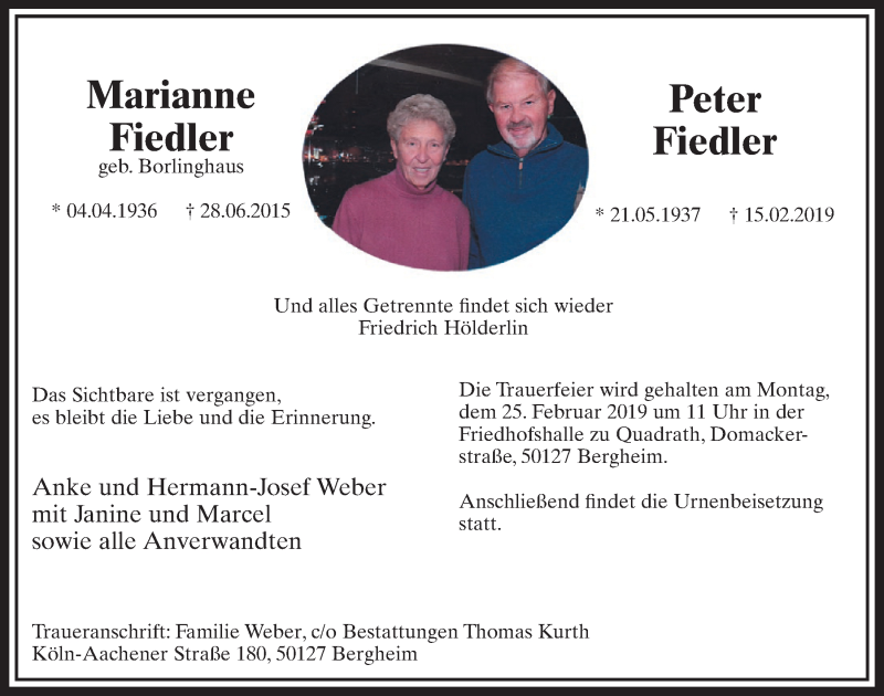  Traueranzeige für Marianne Fiedler vom 23.02.2019 aus  Sonntags-Post 