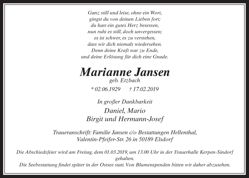  Traueranzeige für Marianne Jansen vom 27.02.2019 aus  Werbepost 