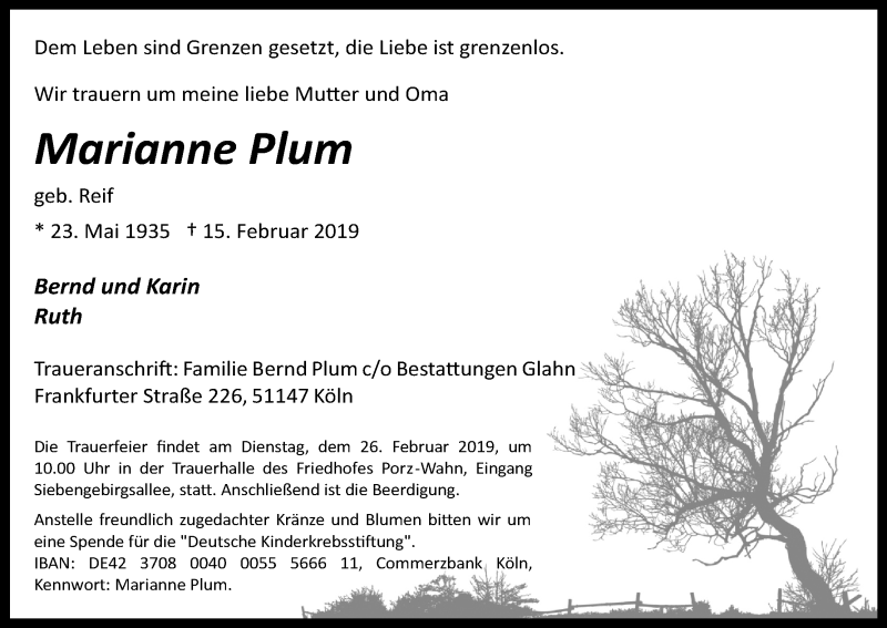  Traueranzeige für Marianne Plum vom 23.02.2019 aus Kölner Stadt-Anzeiger / Kölnische Rundschau / Express
