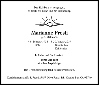 Anzeige von Marianne Presti von Kölner Stadt-Anzeiger / Kölnische Rundschau / Express