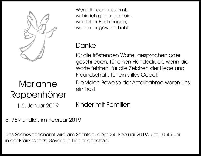  Traueranzeige für Marianne Rappenhöner vom 16.02.2019 aus Kölner Stadt-Anzeiger / Kölnische Rundschau / Express
