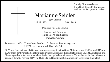 Anzeige von Marianne Seidler von Kölner Stadt-Anzeiger / Kölnische Rundschau / Express