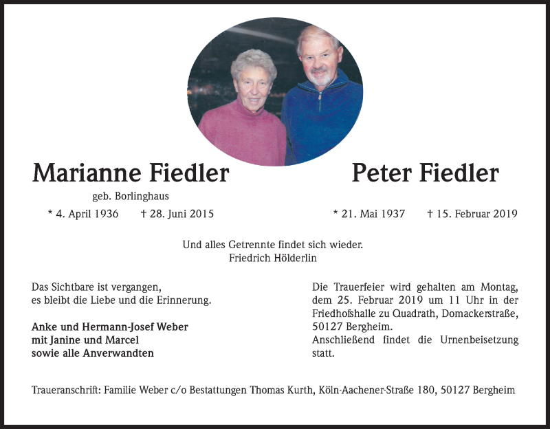  Traueranzeige für Marianne FiedlerPeter Fiedler vom 22.02.2019 aus Kölner Stadt-Anzeiger / Kölnische Rundschau / Express