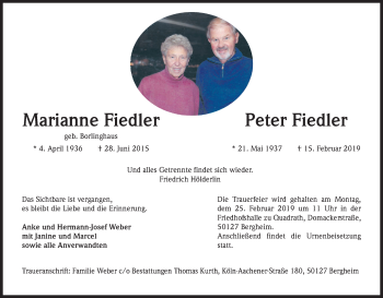 Anzeige von Marianne FiedlerPeter Fiedler von Kölner Stadt-Anzeiger / Kölnische Rundschau / Express