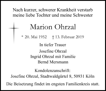 Anzeige von Marion Ohrzal von Kölner Stadt-Anzeiger / Kölnische Rundschau / Express
