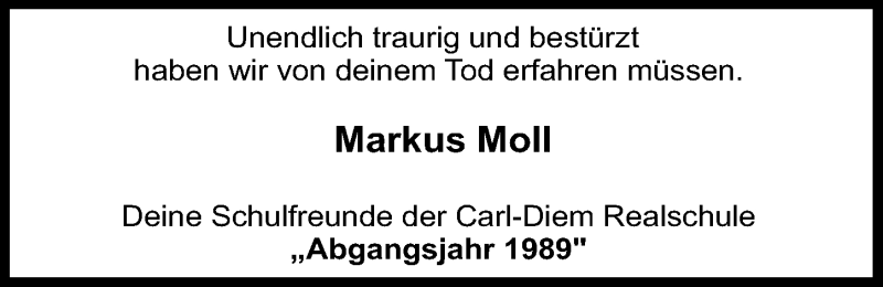  Traueranzeige für Markus Moll vom 13.02.2019 aus  Kölner Wochenspiegel 