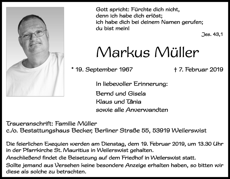  Traueranzeige für Markus Müller vom 16.02.2019 aus Kölner Stadt-Anzeiger / Kölnische Rundschau / Express