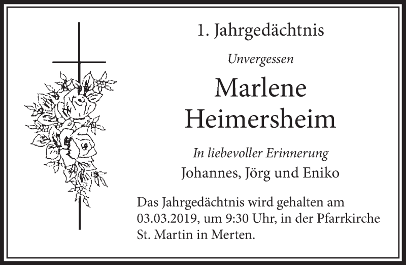  Traueranzeige für Marlene Heimersheim vom 13.02.2019 aus  Schlossbote/Werbekurier 
