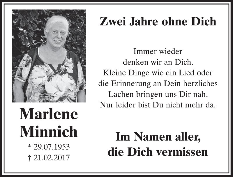  Traueranzeige für Marlene Minnich vom 20.02.2019 aus  Schlossbote/Werbekurier 