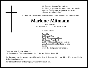 Anzeige von Marlene Mitmann von Kölner Stadt-Anzeiger / Kölnische Rundschau / Express