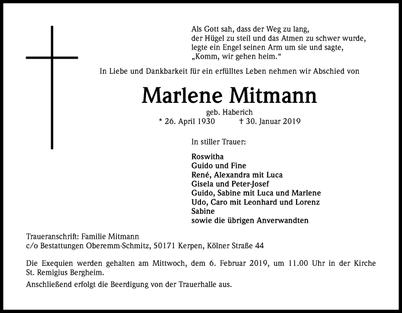  Traueranzeige für Marlene Mitmann vom 02.02.2019 aus Kölner Stadt-Anzeiger / Kölnische Rundschau / Express