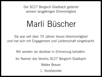 Anzeige von Marli Büscher von Kölner Stadt-Anzeiger / Kölnische Rundschau / Express