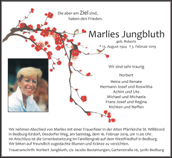 Anzeige von Marlies Jungbluth von Kölner Stadt-Anzeiger / Kölnische Rundschau / Express