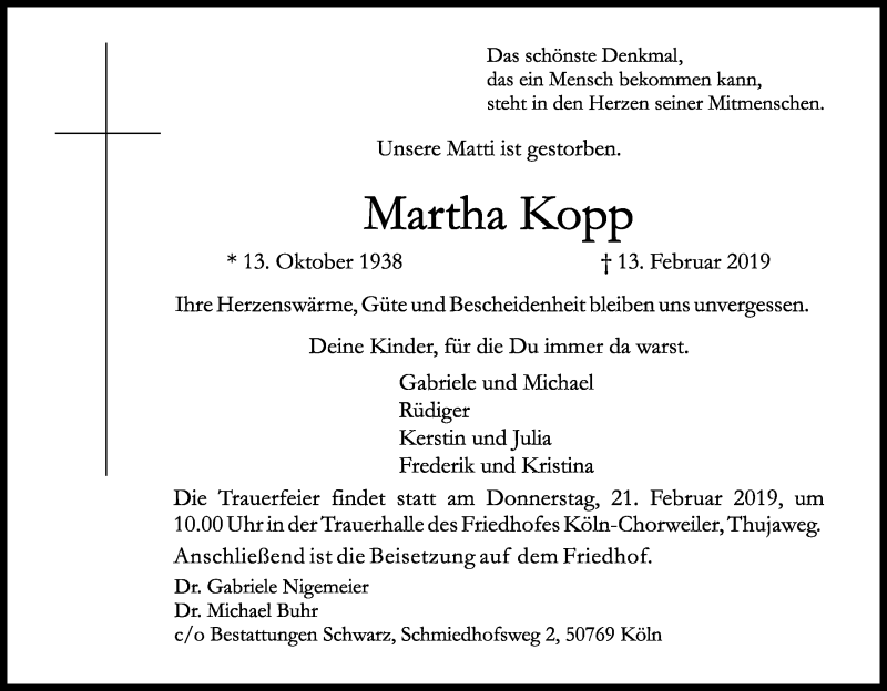  Traueranzeige für Martha Kopp vom 16.02.2019 aus Kölner Stadt-Anzeiger / Kölnische Rundschau / Express