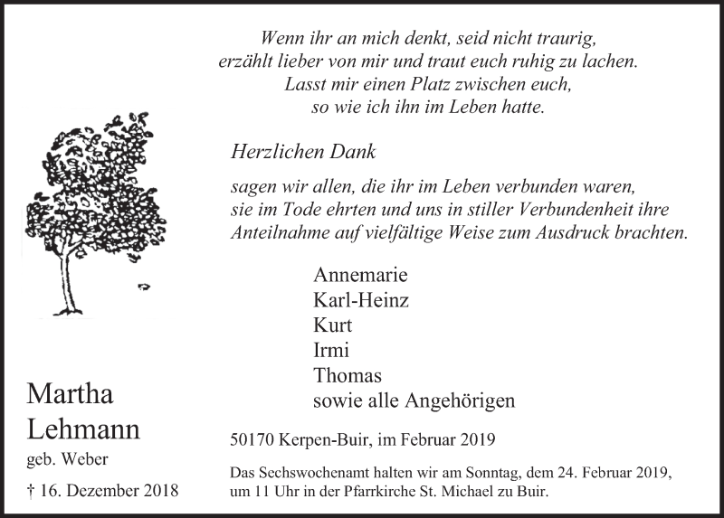  Traueranzeige für Martha Lehmann vom 20.02.2019 aus  Werbepost 